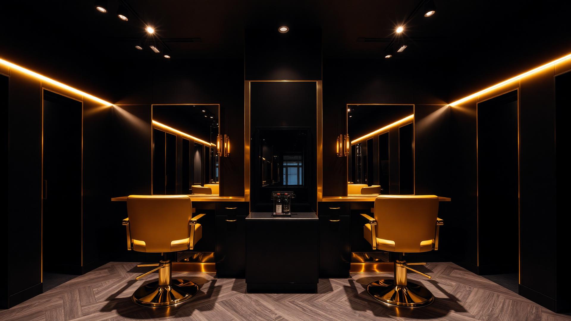 Matte black and gold luxury salon interior